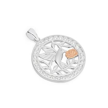 Silver & Rose Gold Plated Hummingbird CZ Circle Pendant