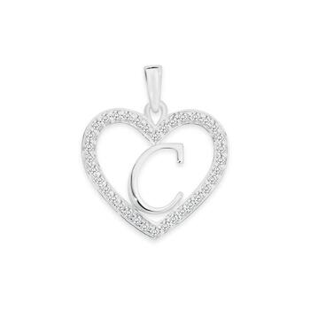 Silver Initial C in Cubic Zirconia Heart Pendant