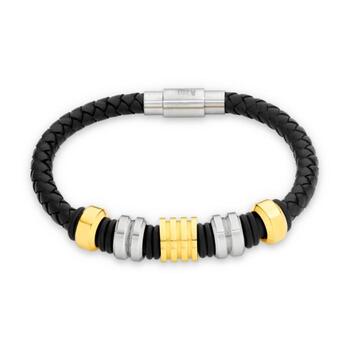 M+Y Steel Black Leather & Steel Rings Bracelet