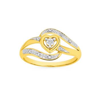 9ct Gold Diamond Heart Swirl Ring