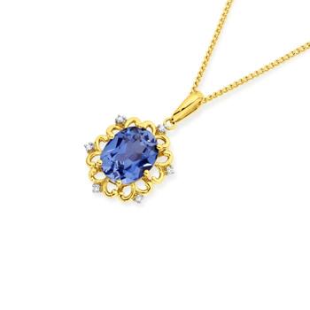 9ct Gold Created Ceylon Sapphire & Diamond Pendant