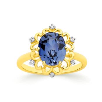 9ct Gold Created Ceylon Sapphire & Diamond Ring