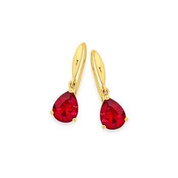 9ct Gold Created Ruby Pear Drop Hook Earrings