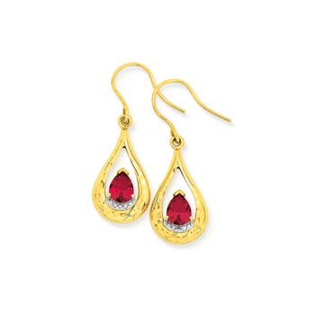 9ct Gold Created Ruby Pear Teardrop Earrings