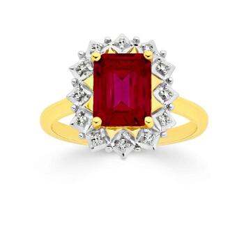 9ct Gold Created Ruby & Diamond Frame Ring