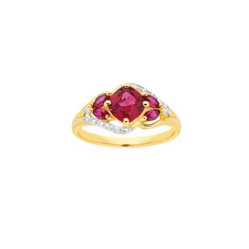 9ct Gold Created Ruby & Diamond Trilogy Ring