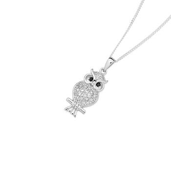 Sterling Silver Pave Cubic Zirconia Owl with Black Eyes Pendant