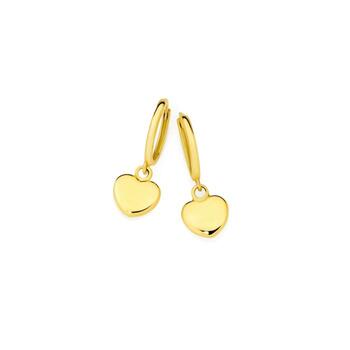 9ct Gold Polished Hollow Heart Drop Huggie Earrings