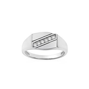 Sterling Silver Stripe Cubic Zirconia Gents Ring