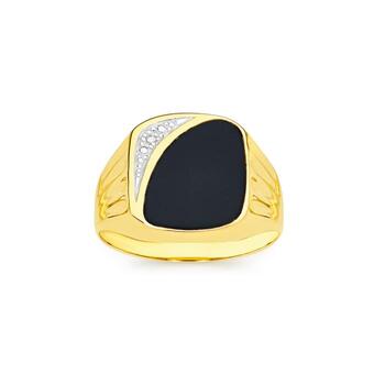9ct Gold Diamond & Black Agate Gents Ring