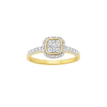 9ct Two Tone Gold Diamond Cushion Cluster Ring