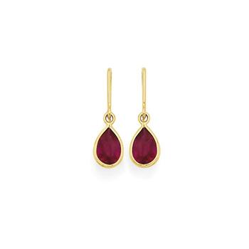 9ct Gold Created Ruby Pear Cut Hook Earrings