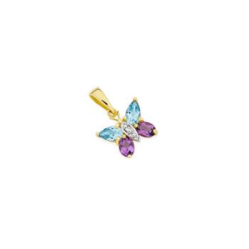 9ct Gold Blue Topaz/Amethyst & Diamonds Butterfly Pendant