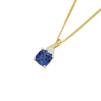 9ct Gold Created Ceylon Sapphire & Diamond Pendant