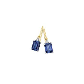 9ct Gold Created Ceylon Sapphire & Diamond Emeral Cut Hook Earrings
