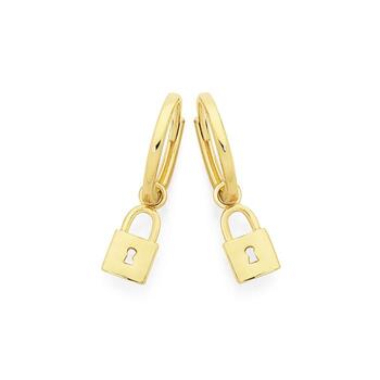 9ct Gold 9mm Lock Drop Huggie Earrings