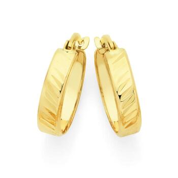 9ct Gold 15mm Diagonal Diamond-Cut Bevelled Edge Hoop Earrings