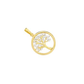 9ct Gold Two Tone Diamond Cut Tree of Life Circle Pendant
