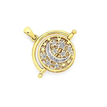 9ct Gold Two Tone Crescent Moon & Stars Spinner Disc Pendant