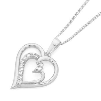Sterling Silver Cubic Zirconia Angled Heart In Open Heart Pendant