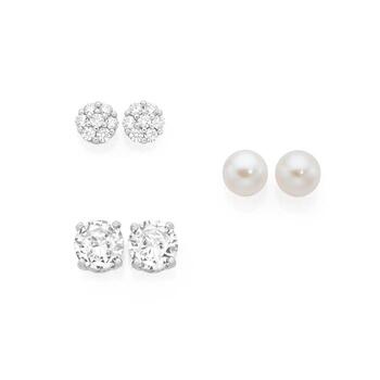 Sterling Silver Cubic Zirconia & Pearl Set of Three Stud Earrings