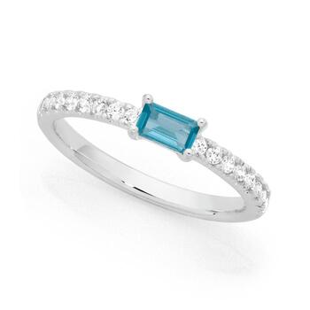 Sterling Silver Blue Cubic Zirconia Emerald Cut Stacker Ring