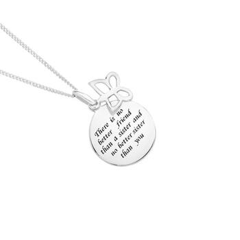 Sterling Silver Sisters Disc with Butterfly Charm Message Pendant