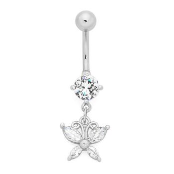 Sterling Silver & Stainless Steel Cubic Zirconia Drop Butterfly Belly Bar