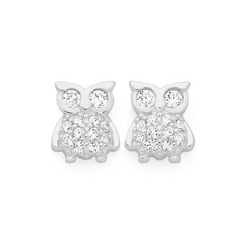 Sterling Silver Cubic Zirconia Owl Stud Earrings