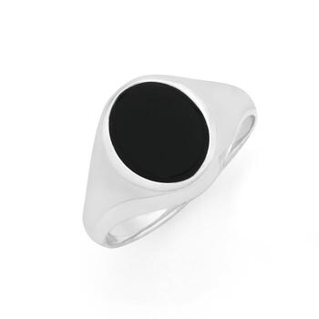 Sterling Silver Men's Black Agate Oval Signet Ring