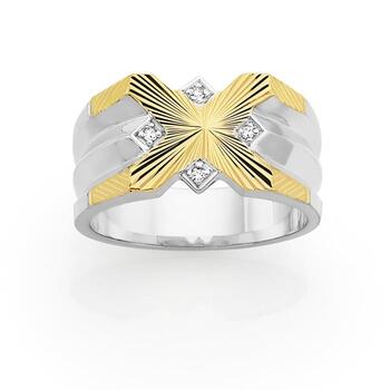 9ct Gold/Sterling Silver Men's Diamond Sunray Fancy Dress Ring