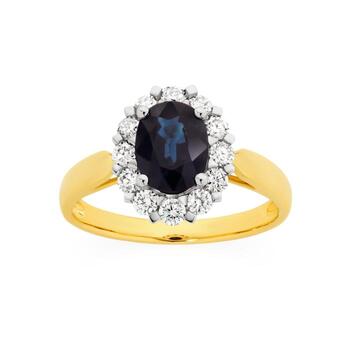 9ct Gold Natural Sapphire & .50ct Diamond Ring