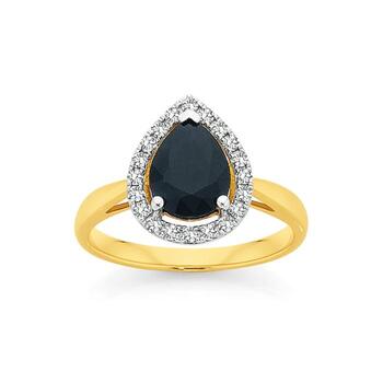 9ct Gold Natural Sapphire & Diamond Pear Halo Ring