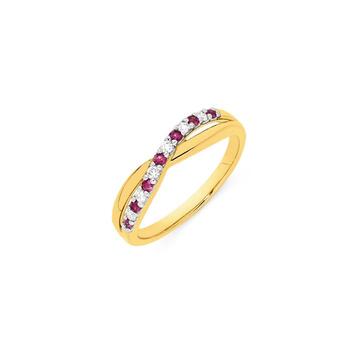 9ct Gold Natural Ruby & .10ct Diamond Crossover Ring