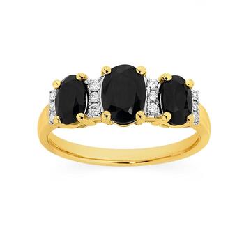 9ct Gold Natural Sapphire & .10ct Diamond Trilogy Ring