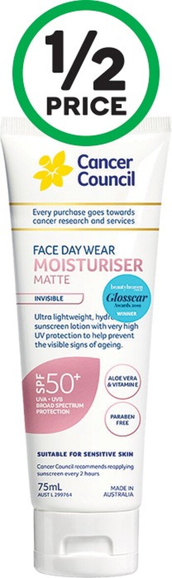 cancer council face day wear moisturiser matte spf 50 invisible