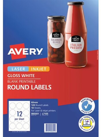 Avery 12UP Inkjet Laser Gloss Round Labels White 10 Sheets