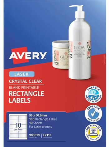 Avery 10UP Laser Crystal Clear Rectangle Labels 10 Sheets