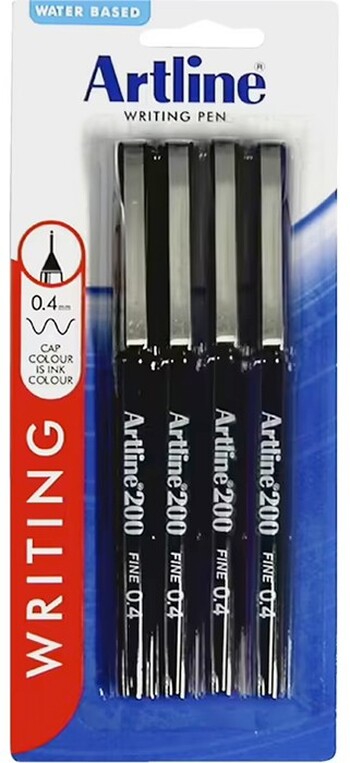 Artline 200 Fineliners Black 4 Pack
