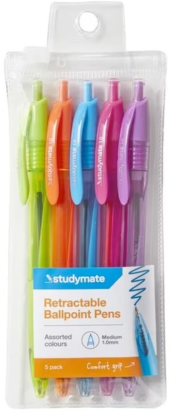 Studymate Retractable Ballpoint Pens 1mm Fashion 5 Pack