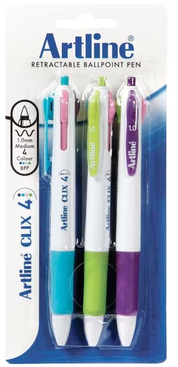 Artline Clix 4 Retractable Ballpoint Pens Fashion 3 Pack