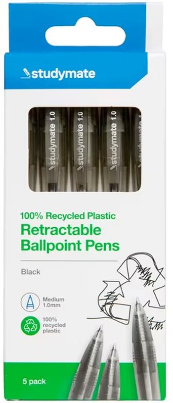 Studymate Recycled PET Ballpoint Pens 5 Pack Black