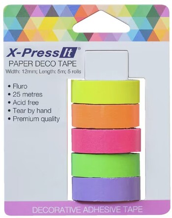 X-Press It Deco Tape Roll Fluoro 12mm x 5m 5 Pack