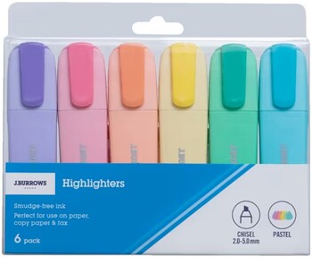 J.Burrows Chisel Highlighters 6 Pack Pastel
