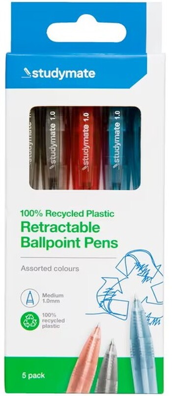 Studymate Recycled PET Ballpoint Pens 5 Pack Assorted