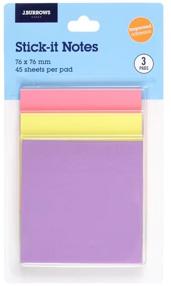 J.Burrows Stick-It Notes 76x76mm Assorted 3 Pack