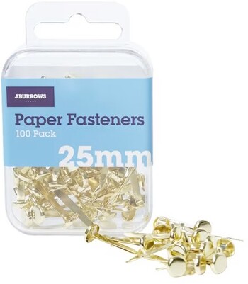 J.Burrows 25mm Paper Fasteners Gold 100 Pack