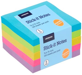 J.Burrows Stick-It Notes 76x76mm Assorted Ultra 5 Pack