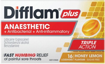 Difflam Plus Anaesthetic + Antibacterial + Anti-inflammatory Honey Lemon Flavour 16 Lozenges