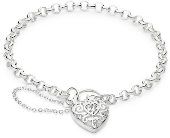 Sterling Silver 19cm Cubic Zirconia  Heart Bezel Filigree Padlock Bracelet